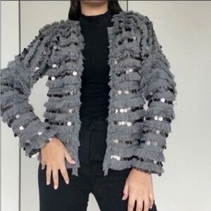 Kobi Halperin Paillette Fringe Cardigan Jacket Gray Pewter Small